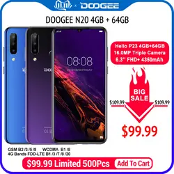 DOOGEE N20 мобильный телефон отпечатков пальцев 6,3 дюймов FHD + дисплей 16MP Тройная задняя камера 64 ГБ 4 ГБ MT6763 Восьмиядерный 4350 мАч мобильный