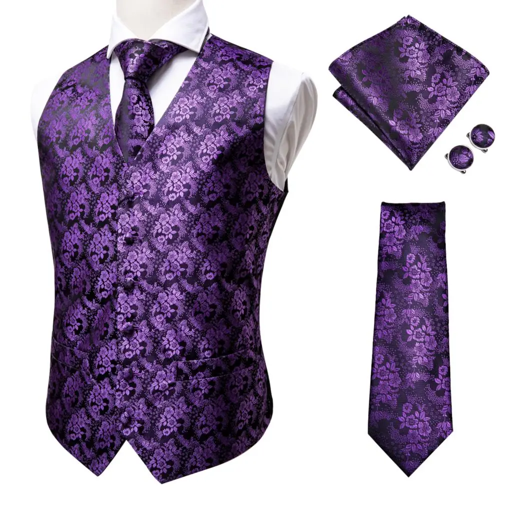 blazer suit Hi-Tie Jacquard Woven Silk Men Vest Purple Pink Red Blue Green Waistcoat Tie Hanky Cufflinks Set for Men Wedding Office Gift XXL coat suit for men