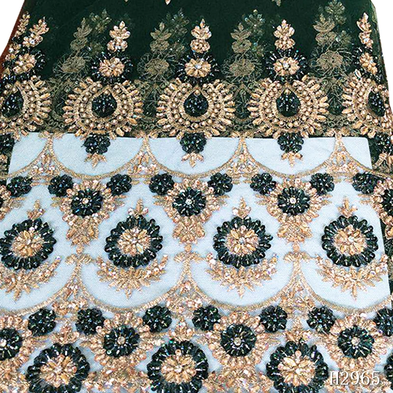 Африканская кружевная ткань, высокое качество, Золотые бусы ручной работы, кружевная ткань, модная африканская кружевная ткань с камнями HX2965
