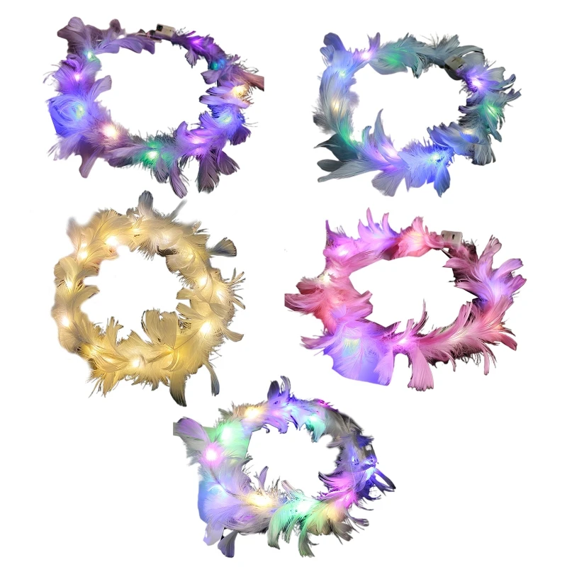 

127D LED Feather Headband White Fur Light Up Headbands Luminous Headdress Flashing Hair Band for Costume Party New Year