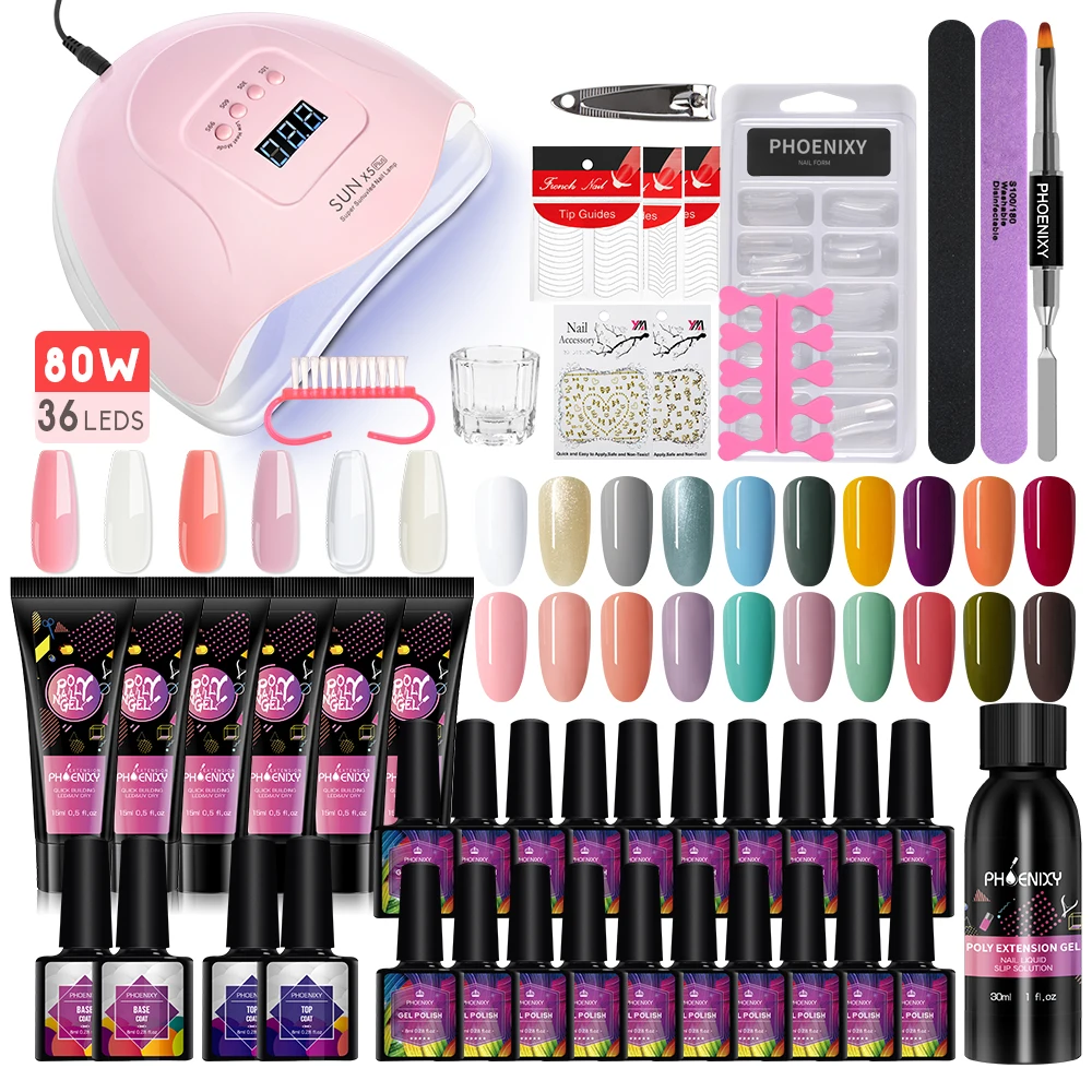 

Phoenixy Full Manicure Tools Kit Gel Nail Polish with UV LED Nail Lamp Quick Extension UV Gel Varnish Complete Poly Nail Gel Set