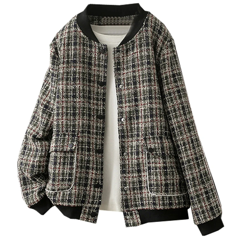 2024 Spring Fall New Women's Large Size 4XL Tweed Wool Jacket Stand Collar Loose Single-Breasted Baseball Uniform Plaid Coat 192