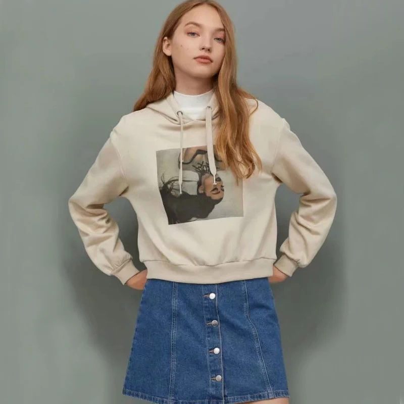 

Women Relaxed Hoodie in Beige With Girl Print Front