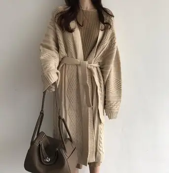 

RetroTwist Oversized Sweater Cardigan Long Sleeve Knitted Long Open Stitch 2019 Autumn Winter Sashes Jumper Coat