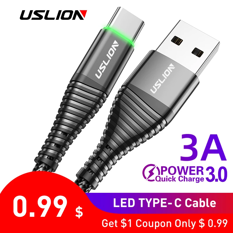 

USLION 2m LED 3A USB Type C Cable Quick Charge 3.0 for Samsung S10 Phone Charging Wire USB C Cable for Xiaomi Fast Charging