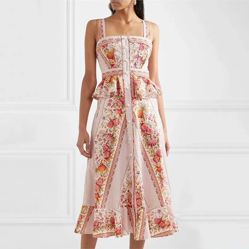 

Women Ruffles Strap Dress Summer Floral Print Button Down High Waist Midi Holiday Dress