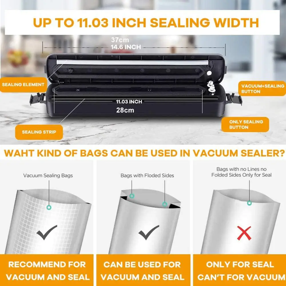 YAJIAO Upgraded Version Vacuum Food Sealer 220V/110V Automatic Household Food Vacuum Sealer Packaging Machine with 10Pcs Bags