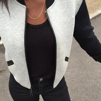 

Jacket Women Baseball Jersey Fashion Contrast Short Jacket Casual Loose Large Size Pocket Zipper Front Cardigan Long Sleeve