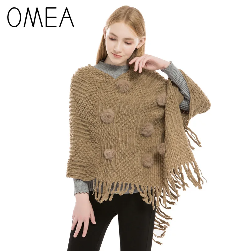 

Knitted Poncho Faux Rabbit Fur Pompon Women Accessories Poncho Femme Hiver Imitation Rabbit Hair Ball Women Winter Shawl Solid