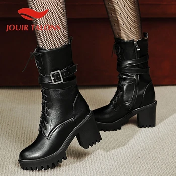 

JOUIR TALONS High Platform Square Thick Heels women shoes buckle Straps Cross-tied Mid-calf Short Plush Boots