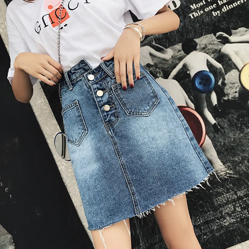 

Korean-style High-waisted Skirt 2019 New Style Retro Slimming Irregular Skirt Furry-Trim A- line Denim Skirt Women's