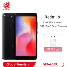 Оригинальная глобальная версия Xiaomi Redmi 6, 4 Гб ОЗУ, 64 Гб ПЗУ, 5,45 дюйма, HD 18:9 Helio P22 Octa Core4G LTE AI 12,0 МП, смарт-телефон для распознавания лица