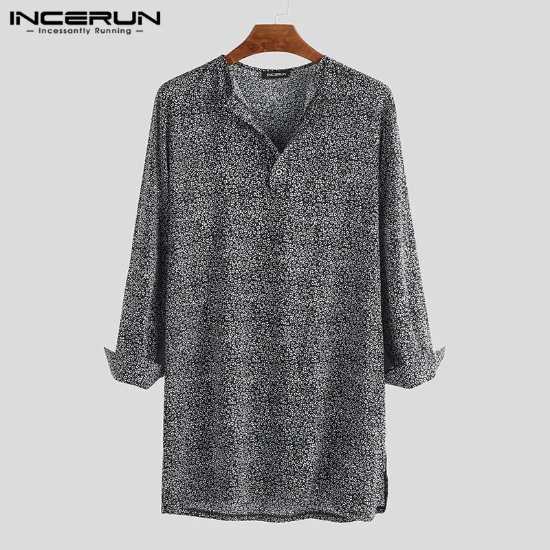 INCERUN, мужская рубашка с цветочным принтом, винтажная, с длинным рукавом, на пуговицах, повседневная, мусульманская одежда, топы, длинная рубашка, мужской индийский костюм S-5XL