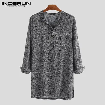 

INCERUN Men Shirt Floral Print Vintage Long Sleeve Button Casual Muslim Clothes Tops Longline Shirt Men Indian Suit S-5XL