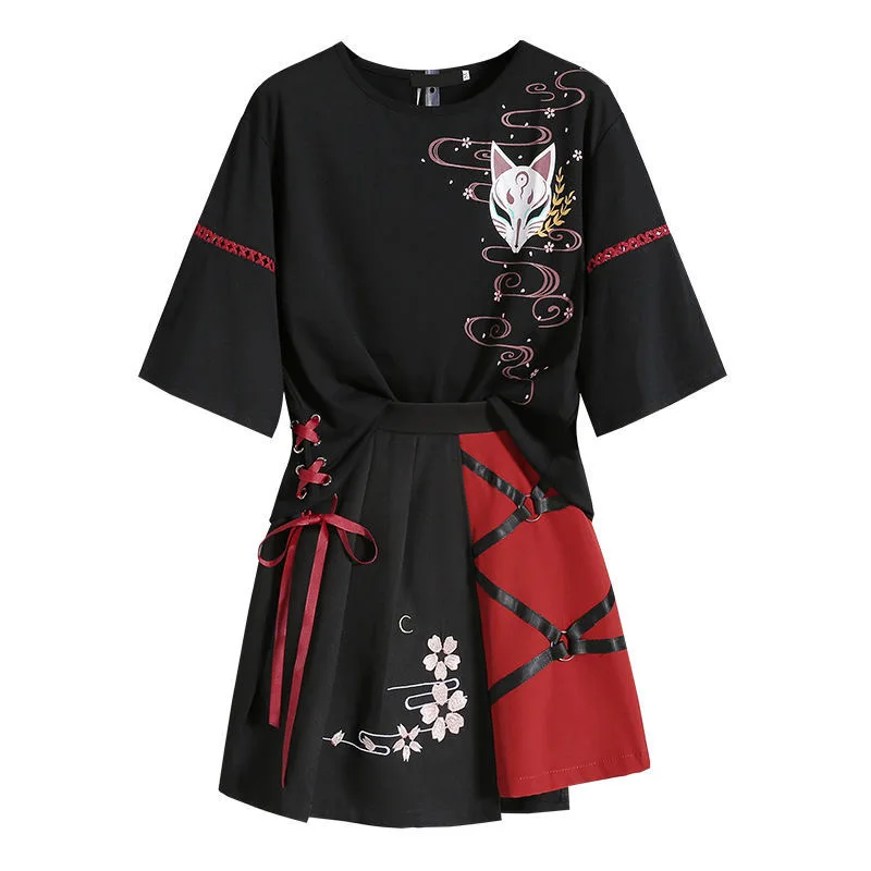 Ropa de verano de Anime para mujer, camiseta de Lolita con cinta roja  japonesa, conjunto de falda corta, disfraz de adulto| | - AliExpress