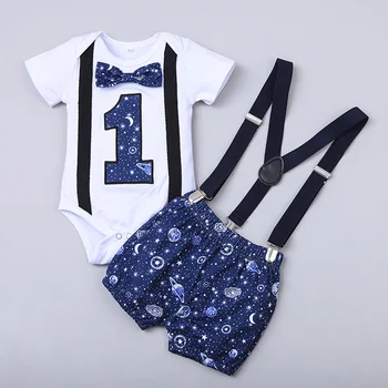 

Summer Newborn Baby Boys Gentleman Clothing Short Sleeve Letter Romper Tops Straps Shorts 2Pcs Outfits Birthday Clothes