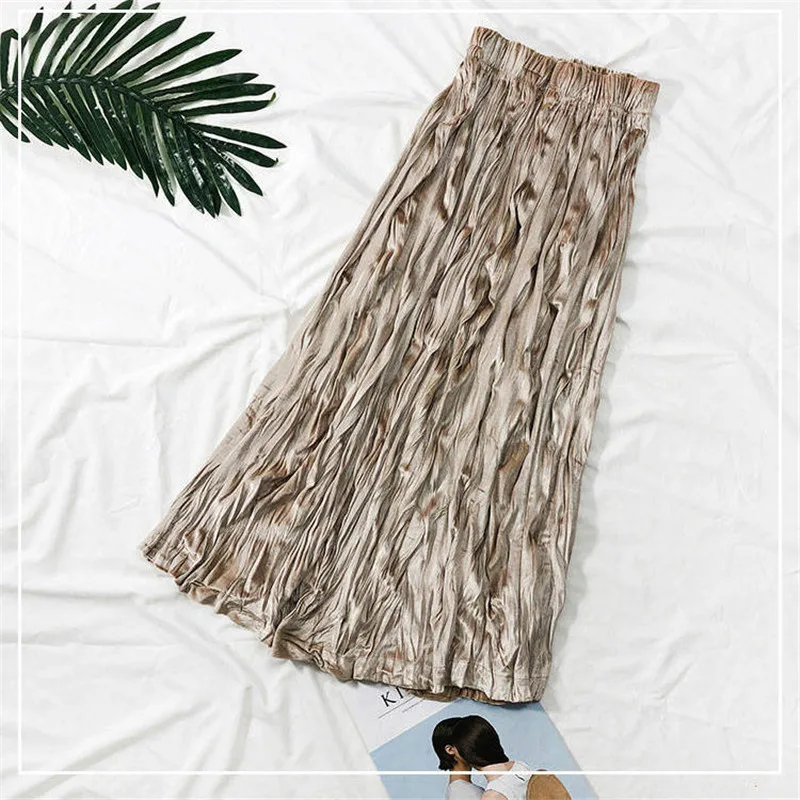 Хаки Женская осенне-зимняя Вельветовая длинная Плиссированная юбка с оборками, эластичная высокая талия размера плюс, тонкая трапециевидная миди юбка, повседневная Jupe Femme Saia - Цвет: Хаки