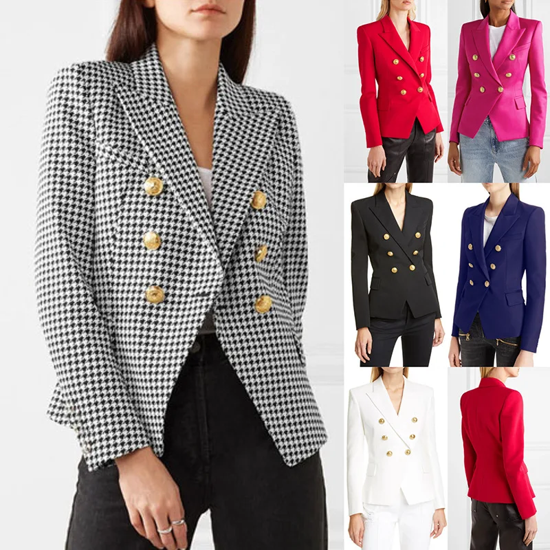 

Fashion Houndstooth Double Breasted Blazers Women Elegant Long Sleeve Runway Blazer