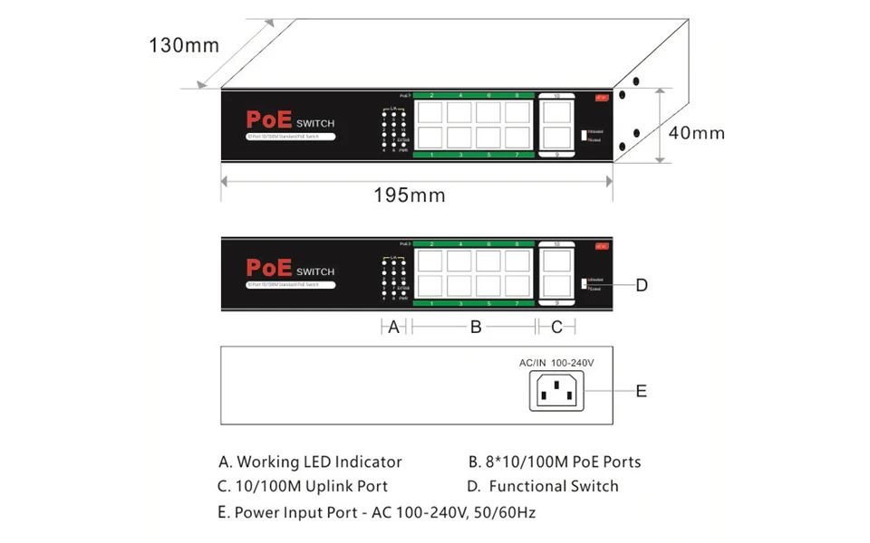 DOORNANNY 48V 10-port 10/100/M сетевой коммутатор POE Ethernet IEEE 802.3af/at подходит для ip-камеры/беспроводной AP/камеры видеонаблюдения 250m