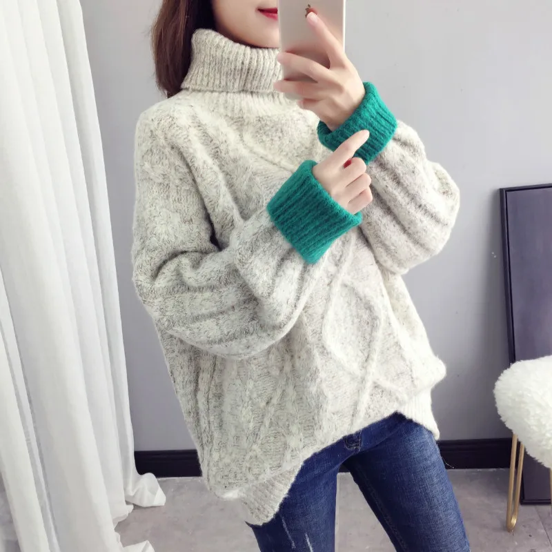 Серый autumn and winter new twist high collar sweater female Korean version of the student's sweater sweater loose thick - Цвет: Серый