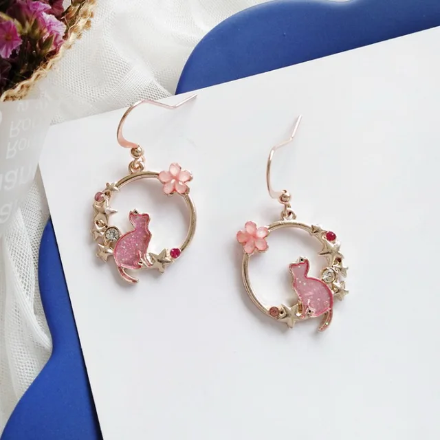 Boucles d oreilles chat mignon pour femmes en forme de c ur creux fleurs douces goutte