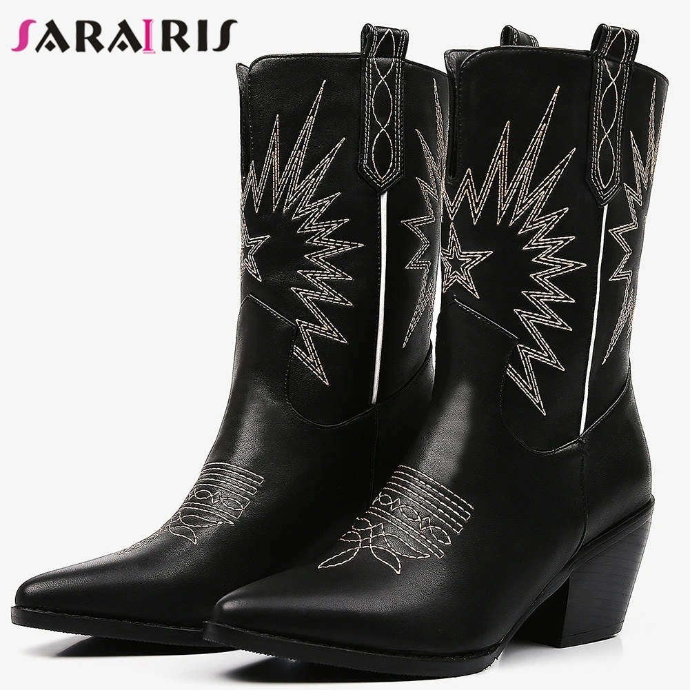 

SARAIRIS New Plus Size 33-45 Brand Sewing Booties Ladies Trendy Ankle Boots Women Pointed Toe High Chunky Heels Shoes Woman