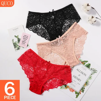 

QUCO Brand 6 Pcs/lot Women Underwear Sexy Ladies Cotton Mesh Transparent Panties Hot Briefs Lace Thongs Female Lingerie Mid-Rise
