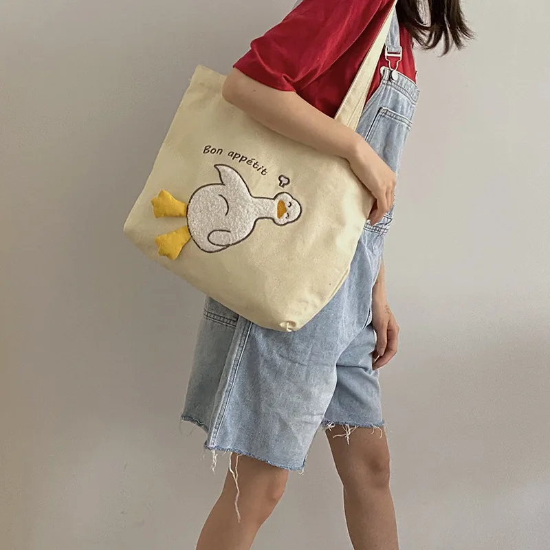 Cute Design Women's Canvas Shoulder Bag Lovely Duck Embroidery Student Girls School Book Tote Handbags Female Large Shopper Bags 