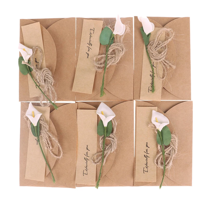 6pcs Kraft Paper Dry Flower Greeting Card with Envelope For Christmas Wedding