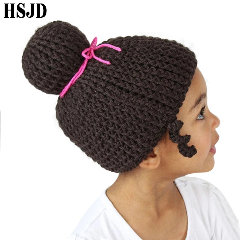 

2019 New Cute Lovely Winter Kids Hats Girls Wig Plaits Handmade Crochet Beanies Hat Warm Skullies Beanies Children Ballet Caps