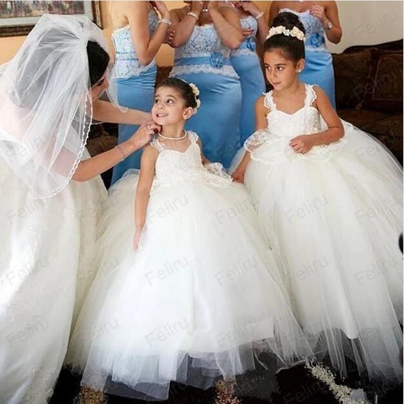 shuiyin115Adorable White Kids Flower Girl Dresses Ball Gown Lace Spaghetti Strap Puffy Long Toddler Communion Birthday Dress Girls Pageant Wears