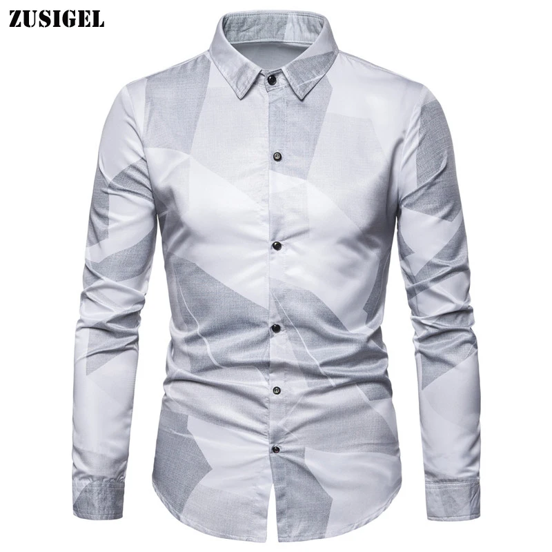 

ZUSIGEL Men Casual Shirt New Autumn Geometric Print Shirt Slim Fitted Single Breasted Mens Shirts Long Sleeve