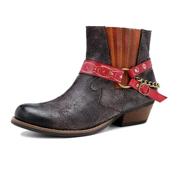 

Embossed Women Boots Rose Genuine Leather Printing Splicing Low 3CM Thick Heel Ankle Boots Elegant Ladies Shoes Women Shoes