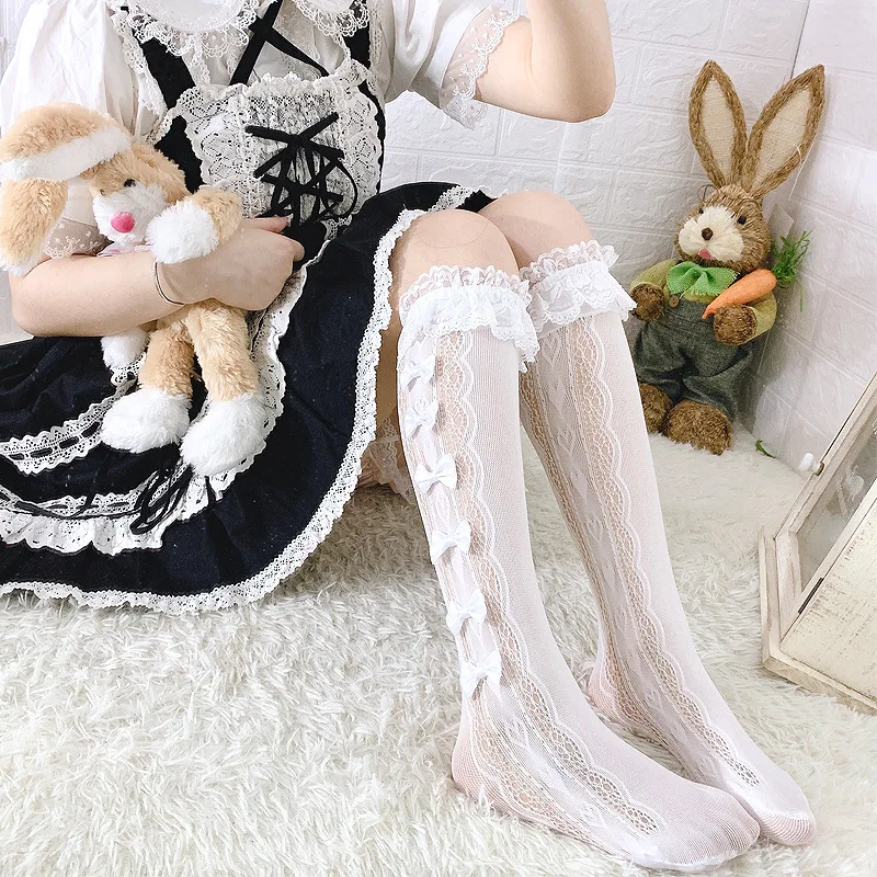 Lolita Bowknot Stockings Women High Knee Lace Socks Elatic Japan Long Stocking Leg Female Dress Calcetines