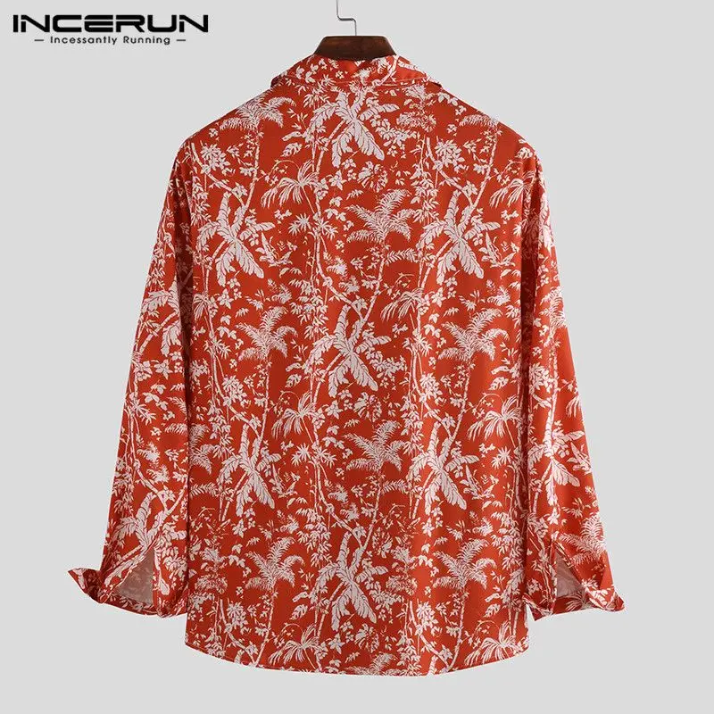 INCERUN Fashion Tree Printed Tops Men Long Sleeve Casual Lapel Shirt Vacation Beach Tropical Hawaiian Street Button Mens Blouse
