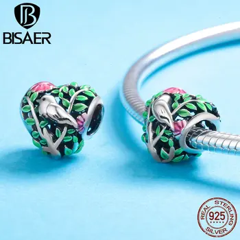 

BISAER Real 925 Sterling Silver Bird in the Woods Bush Enamel Charms Beads for Women Bracelet or Necklace Jewelry Making GXC647