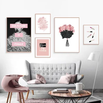 

Girl Power Flower Wall Art Print Nordic Poster Quotes Canvas Painting Lipstick Posters Decor Wall Pictures For Living Room