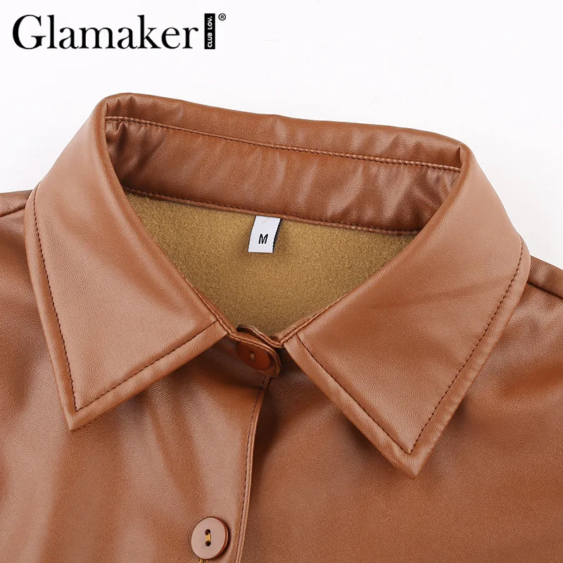 Glamaker, пышная блуза с длинным рукавом, женская повседневная черная блузка с отложным воротником, рубашка, Офисная Женская блузка из искусственной кожи на пуговицах, женская блузка