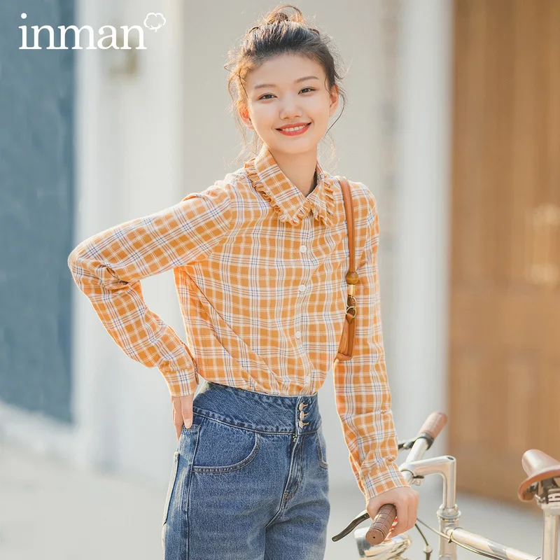 

INMAN 2020 Spring New Arrival Literary Retro Stringy Selvedge Doll Collar Age-reducing Check Long Sleeve Shirt