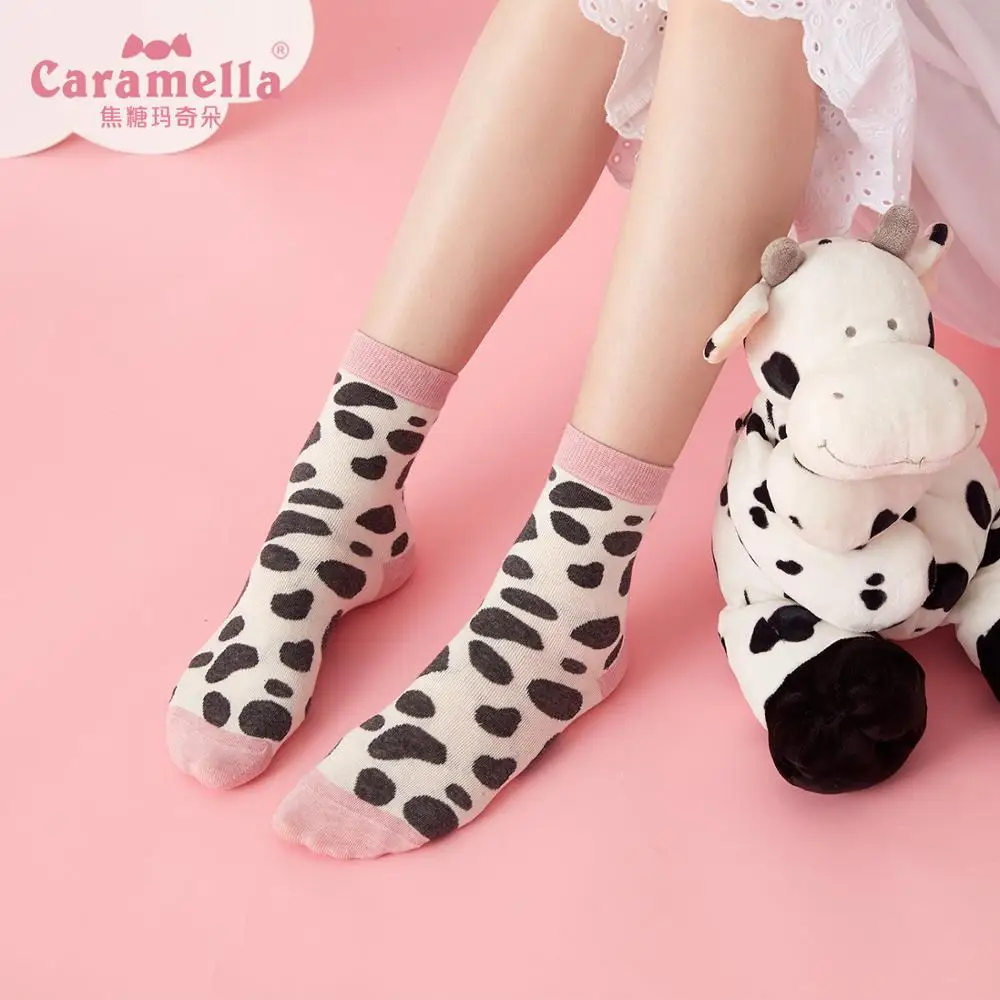 Caramella/2 пары женских носков с рисунками животных из мультфильмов; носки с изображением коровы; рождественские красные короткие носки с изображением святого снега; удобные хлопковые крутые носки