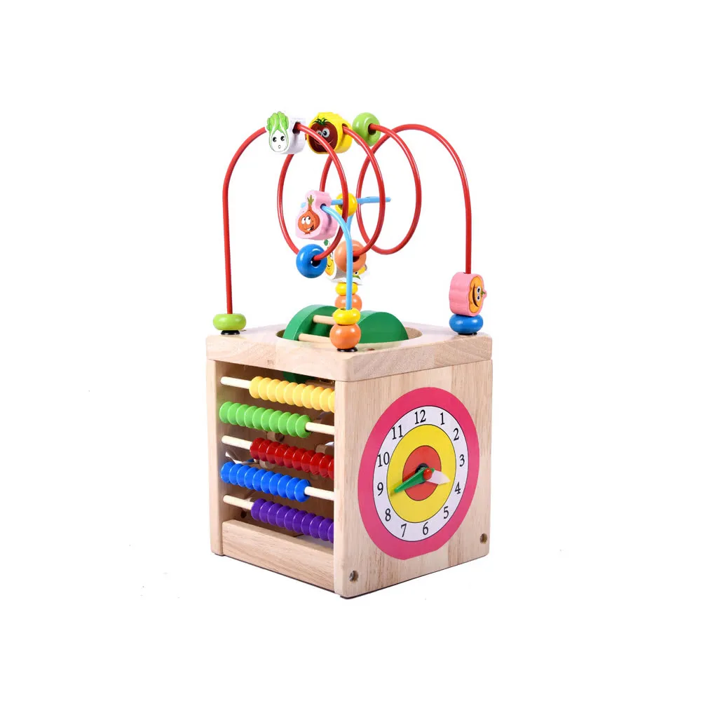 6 in 1 Wooden Bead Maze Activity Cube Multipurpose Activity Center Box Educational Skill Improvement Wood Toys for Kids