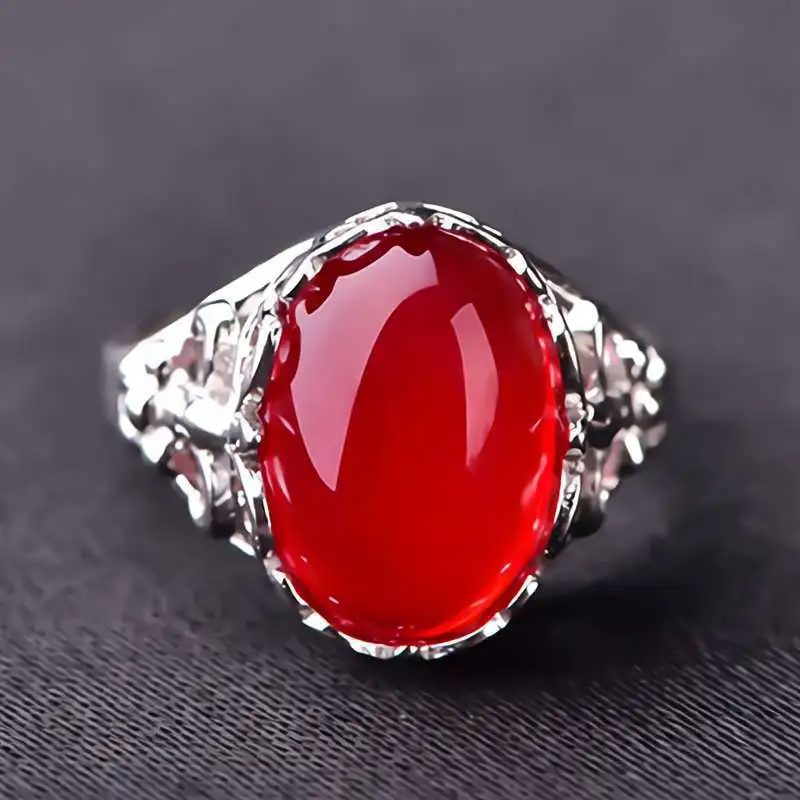 Finger ring Silver ring Adjustable rings Opening ring 925 Silver Plated Natural Chalcedony Red Agate Ring