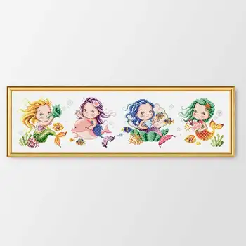 

Fishxx Printed on Canvas DMC Counted Chinese Cross Stitch Kits set Embroidery Needlework Four little mermaid