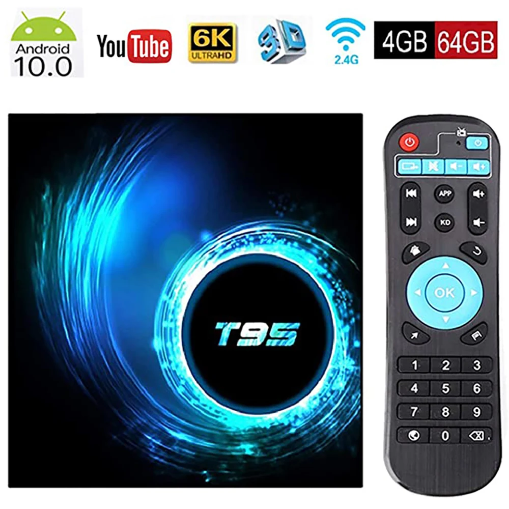ТВ приставка T95 Android 10 четырехъядерный Allwinner H616 4 ГБ 64 2 ГГц 3D 6K H.265 медиаплеер Youtube IPTV