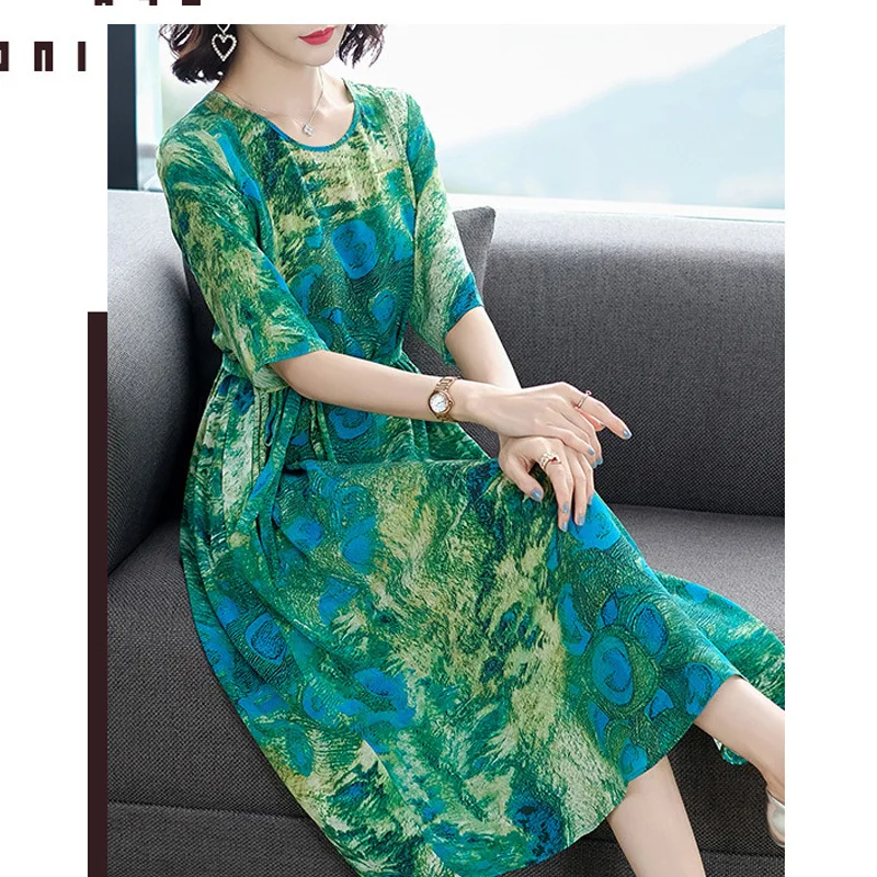 

Important Faux Silk Dress Women's 2019 Spring And Summer New Style Retro Fashion Mulberry Silk Long Skirts Slimming Printed A- l