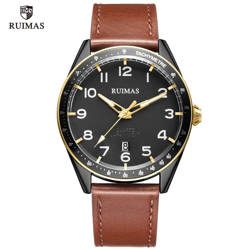 RL573G-Brown black RUIMAS, модные мужские часы, роскошный кожаный ремешок, кварцевые часы для мужчин, Топ бренд, военные спортивные наручные часы, Relogios Masculino 573 - Цвет: RL573G-Brown black