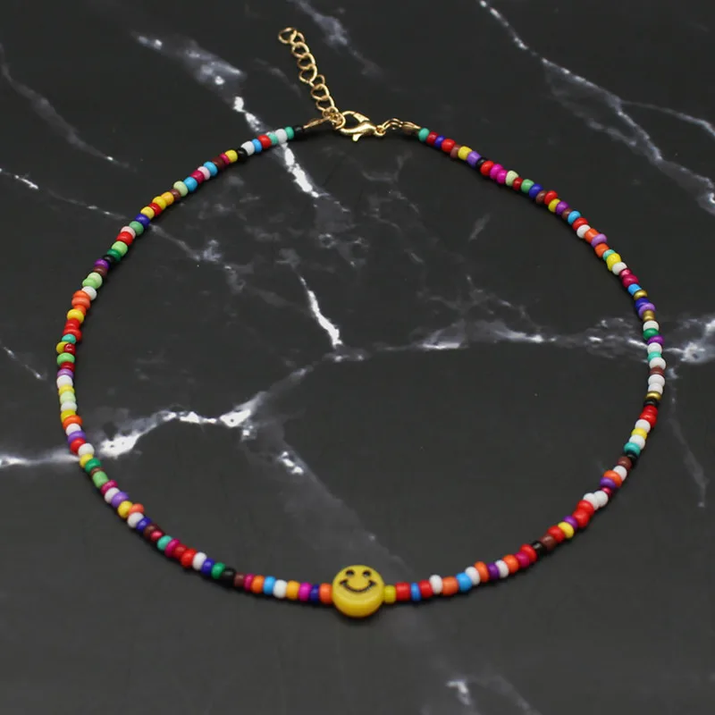 Simple Choker Necklaces Smiley Women Chain Ladies Seed Beads Pendant Girls Jewelry Colorful Trendy Korean Collares