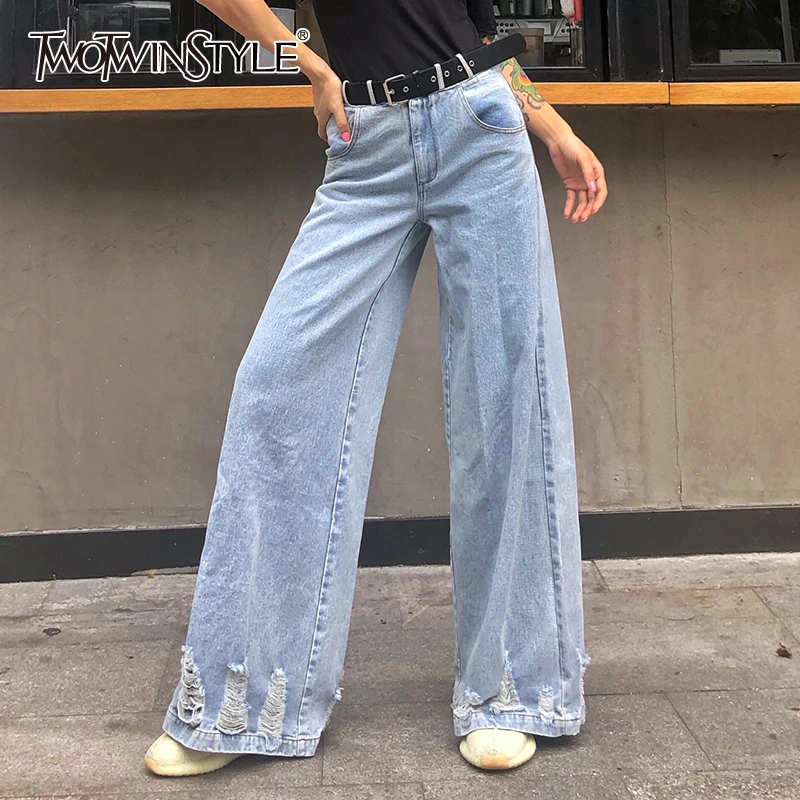 Женские джинсовые брюки TWOTWINSTYLE свободные с высокой талией и поясом на карманах