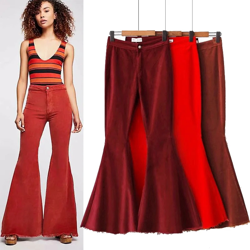 Женские вельветовые расклешенные брюки 2019 Новые Модные Винтажные винно красные