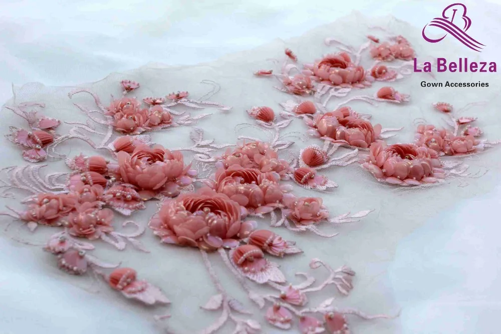 Ivory/pink/yellow flower large pattern with beads applique patch ployester embroidery patch wedding dress Accessories